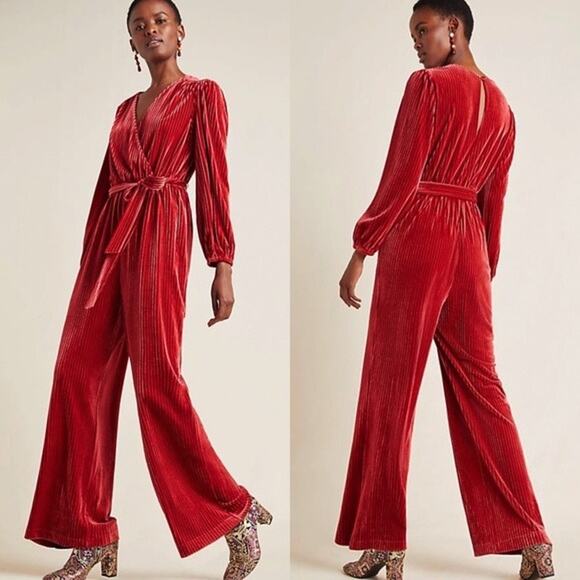 Ali & Jay Samantha Velvet Jumpsuit Anthropologie Red Outfit Medium Holiday Party - Picture 1 of 11